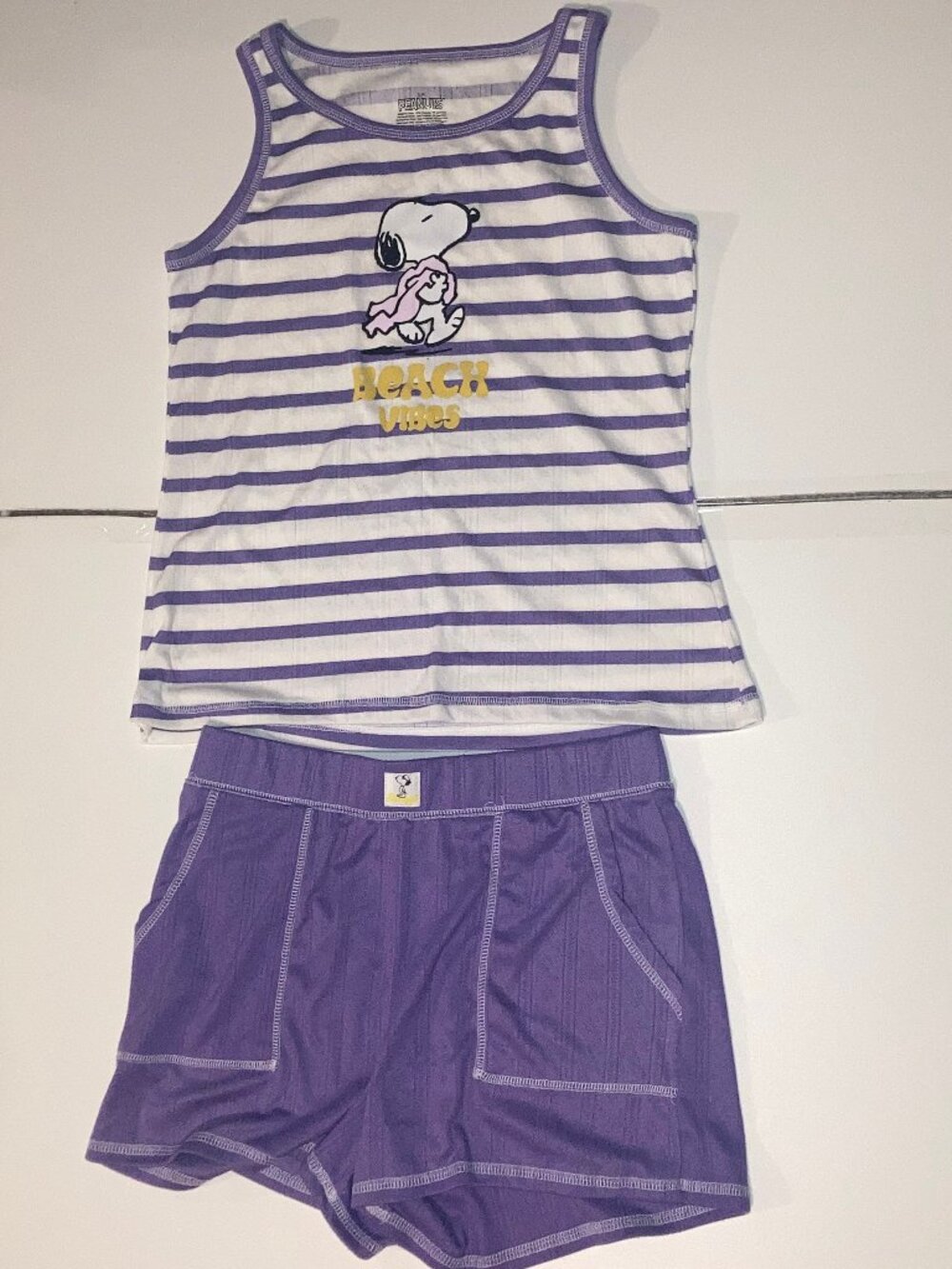 Peanuts Snoopy Beach Vibes 2 Piece Purple White Tank Shorts PJ Set Small